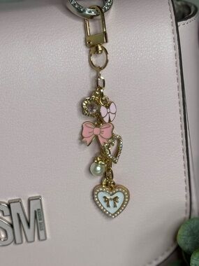 Pink Bow & Heart Keychain, Bag Accessory, Handbag Charms